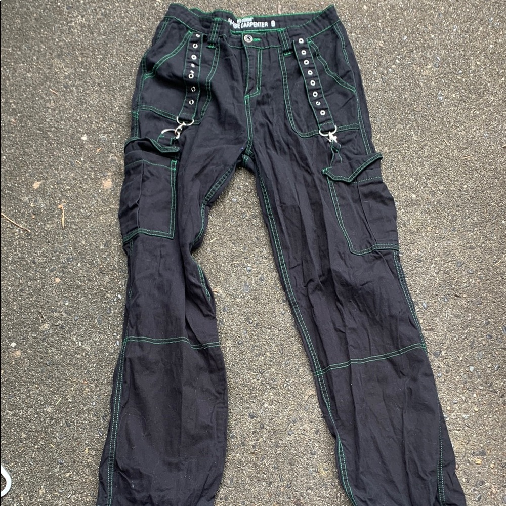 Black Pants with Green Stitching and Metal Accents